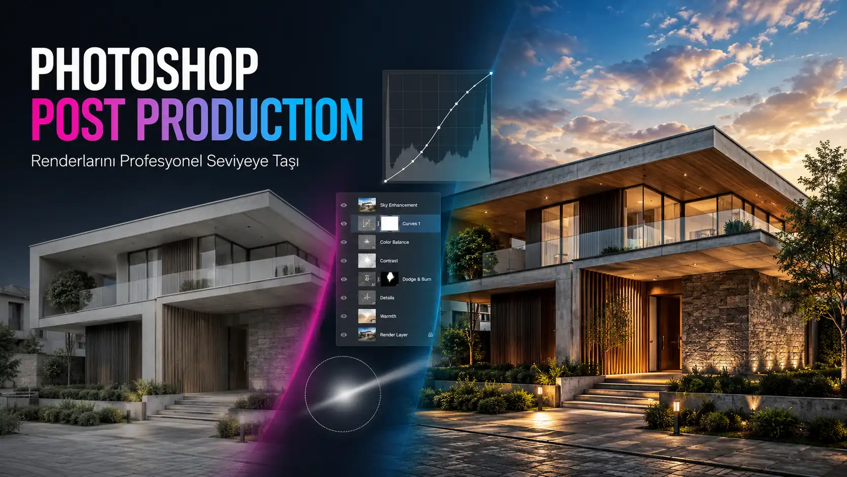 Photoshop post-prodüksiyon uygulanmış iç mekân renderı